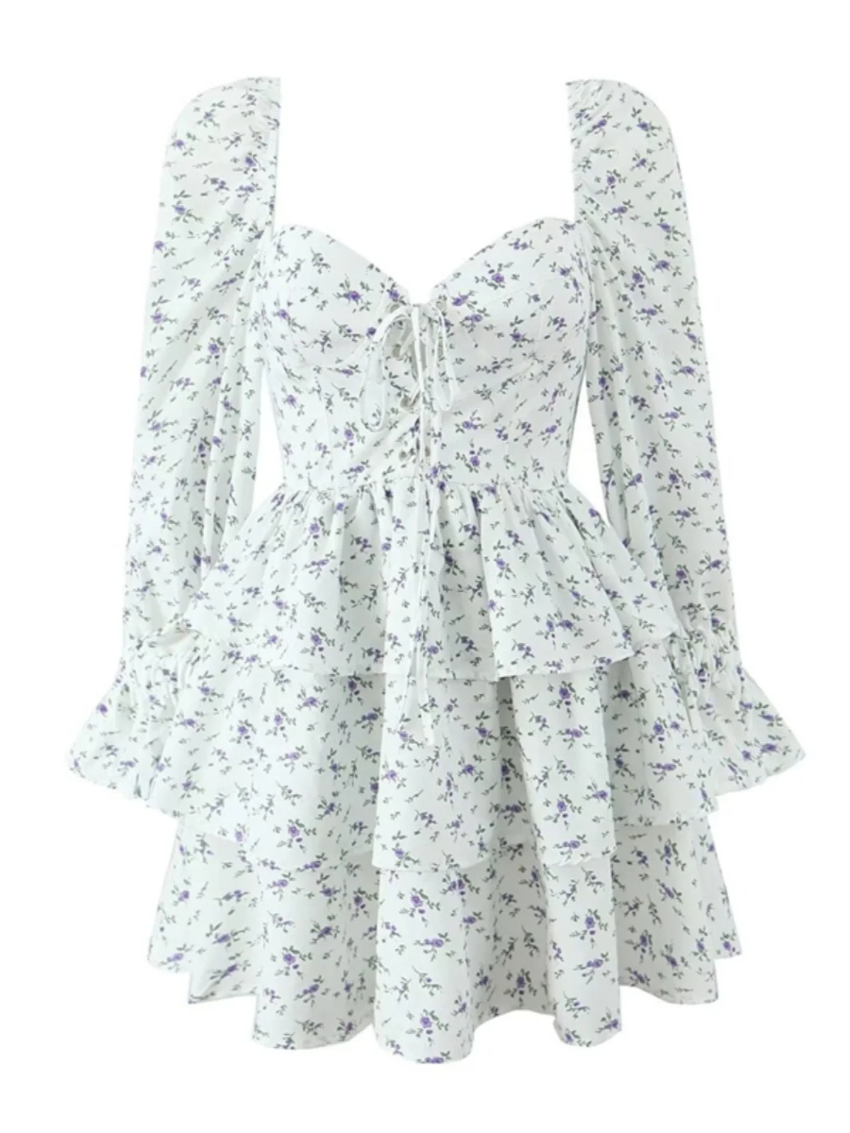 Vestido Floral Romântico de Manga Longa Estilo Vintage Saia em Camadas Moda Sazonal Primavera Verão Outono
