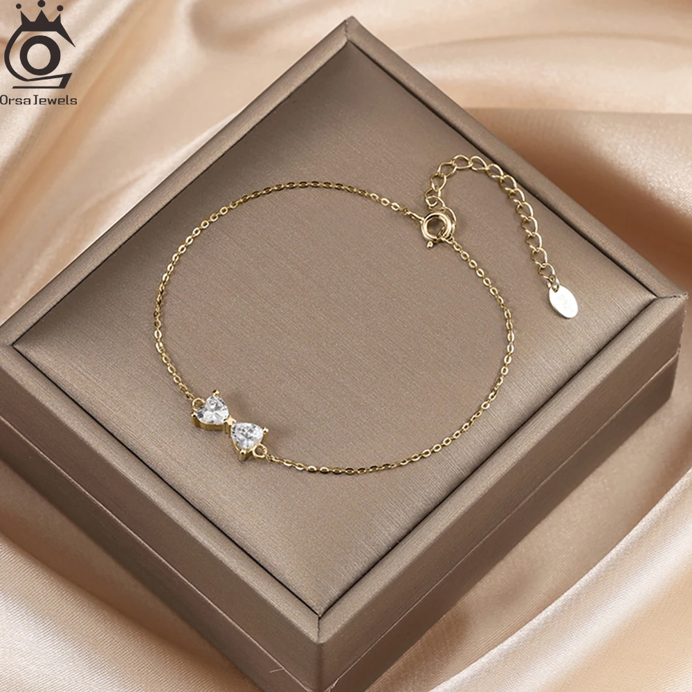 

ORSA JEWELS Trend Bowknot Bracelet Women 925 Sterling Silver Adjustable Zircon Bow Chain Bracelet Birthday Jewelry Gift APB08