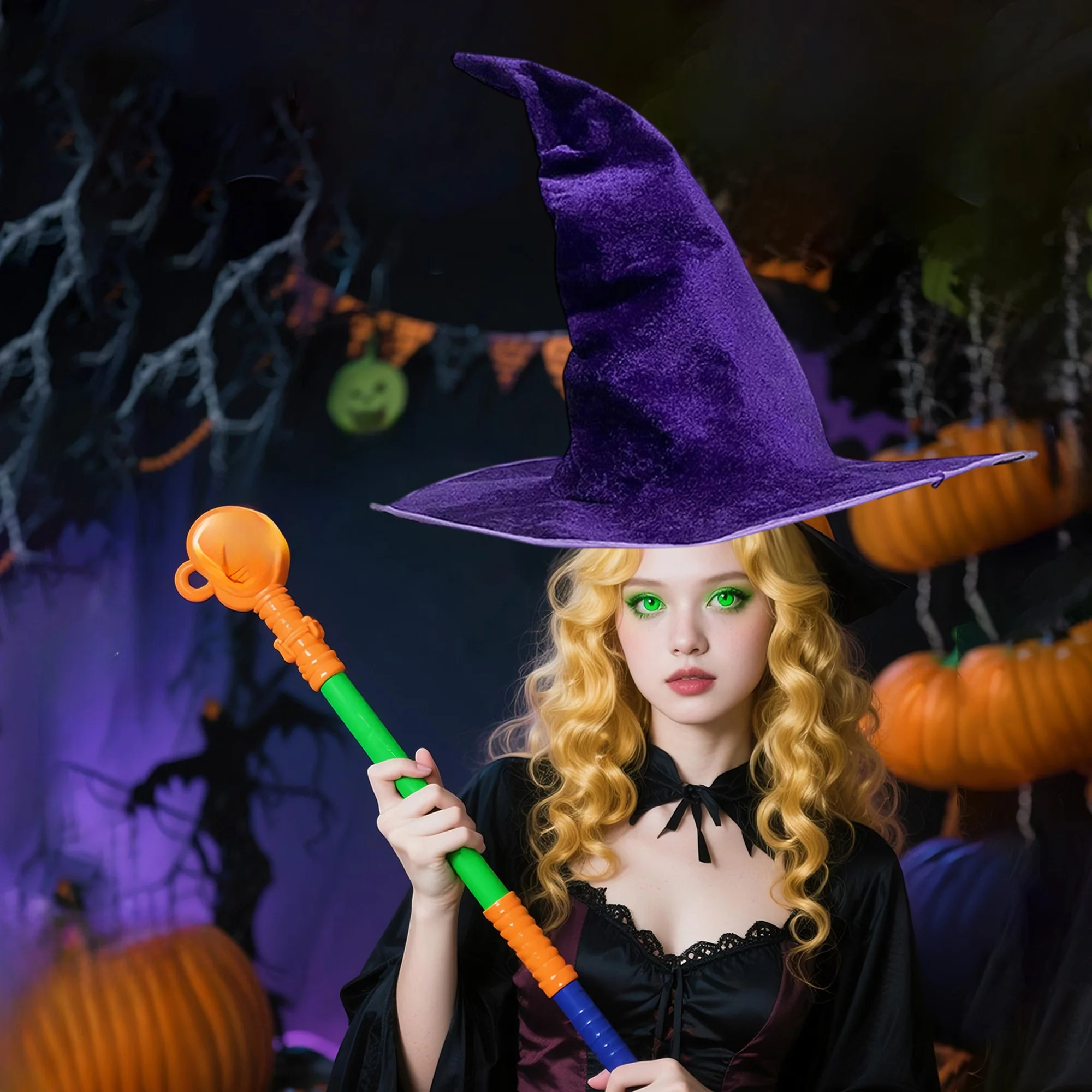 หมวกแม่มดกํามะหยี่สีดําพร้อมรายละเอียด Ruched และปีกกว้างสําหรับผู้ใหญ่ - อุปกรณ์เสริมเครื่องแต่งกายฮาโลวีนสําหรับคอสเพลย์