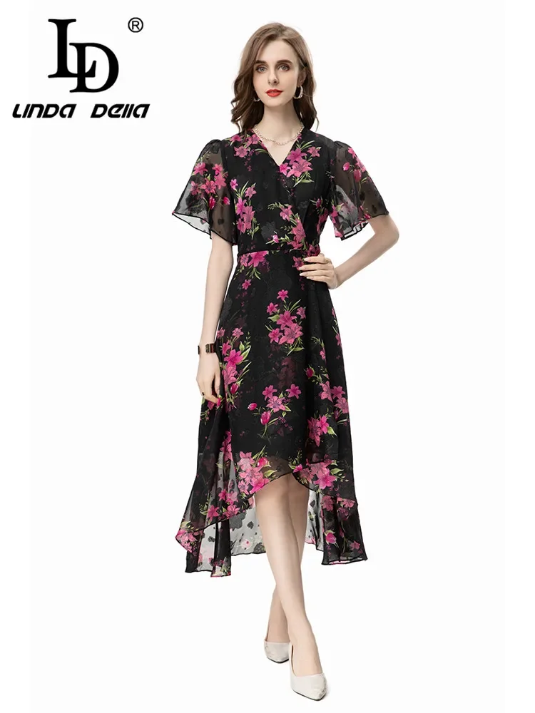 

LD LINDA DELLA Summer Runway Vacation Dress Women's Bohemian Floral Print Sashes Chiffon Elegant Beach Temperament Dresses