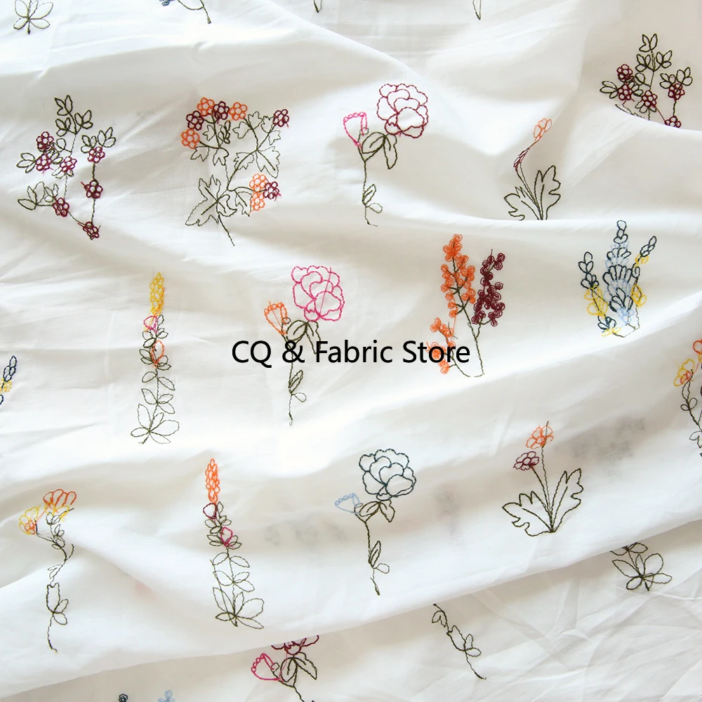 Summer White Pure Cotton Poplin Embroidered Fabric For Clothing Dresses Handmade DIY Fabric Korean Japan Style By The Meter