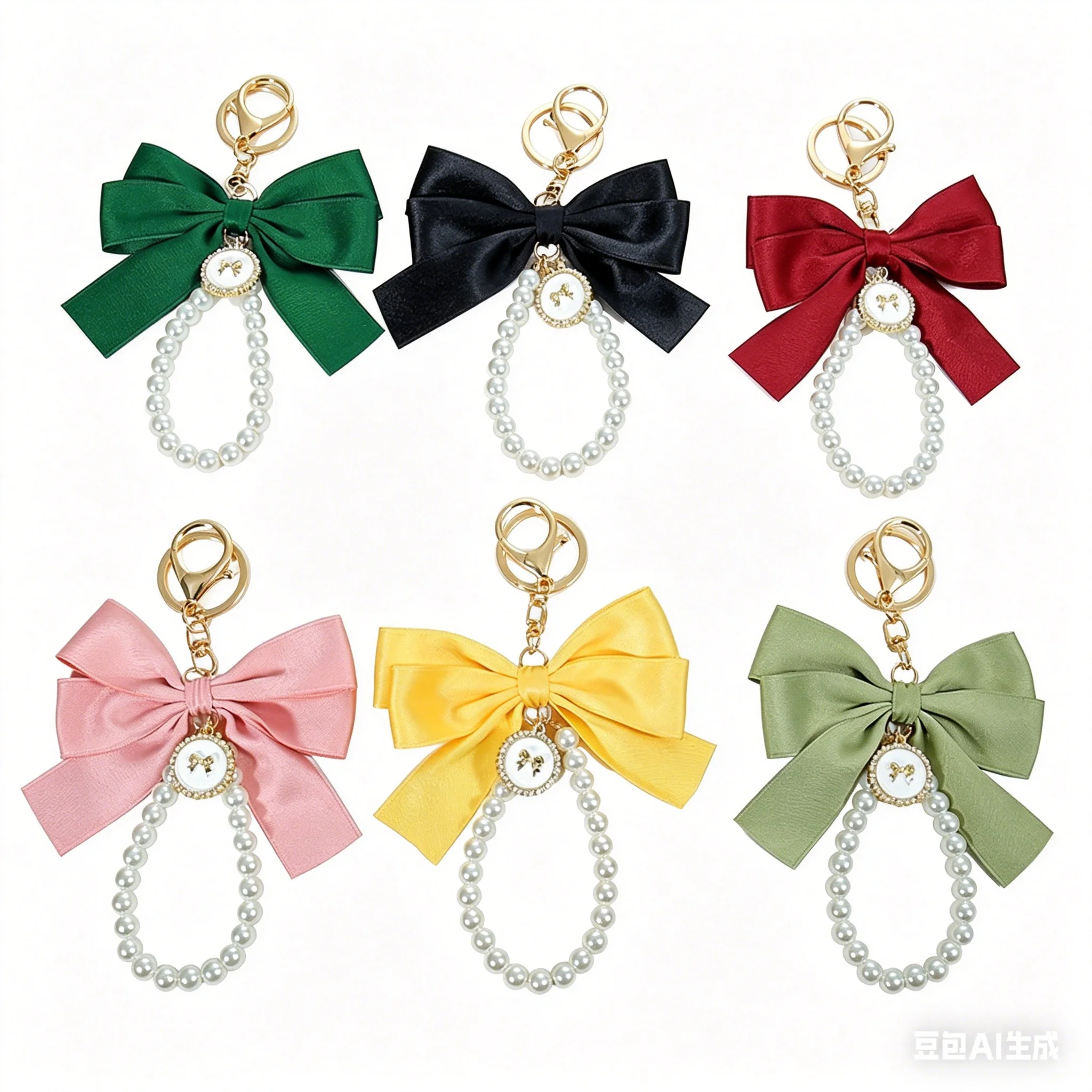 Satin Bow & Pearl Keychain Pendant, Elegant Gold Tone Bags Charm Accessories, Stylish Chic Gifts for Women 9 Colors Choose From