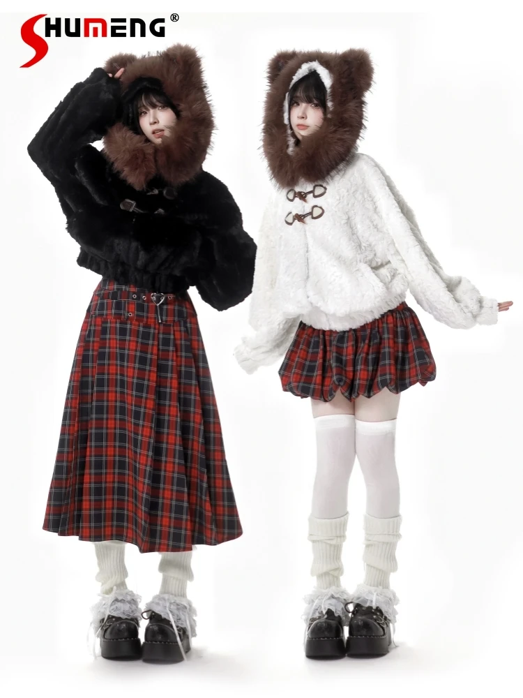 

Y2k Plush Hooded Short Jacket Women's Sweet Cool Girls Faux Fur Coat College Red Plaid Bud Skirt Mid-Length Skirt Set New 2025