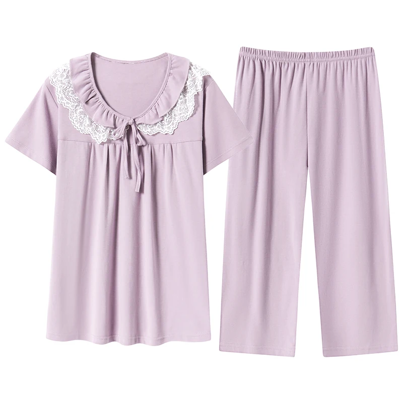 Summer Knited Cotton Women Pajamas Set Short Sleeve Pyjamas Calf-Length Pants Solid Homewear