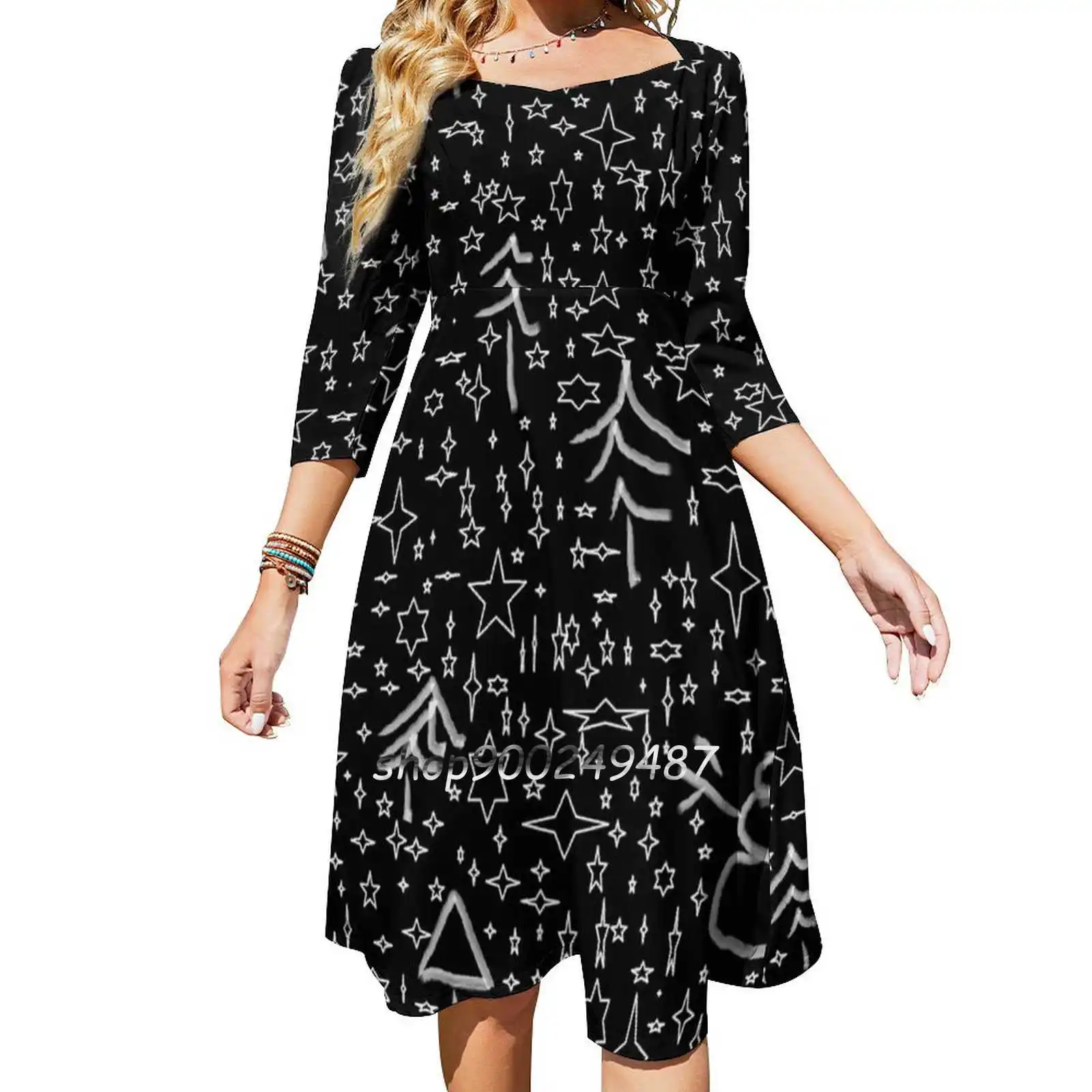 Starry Night Square Neck Dress Cute Loose Print Dresses Elegant Beach Party Dress Stars Christmas Xmas Black White Red Snowman