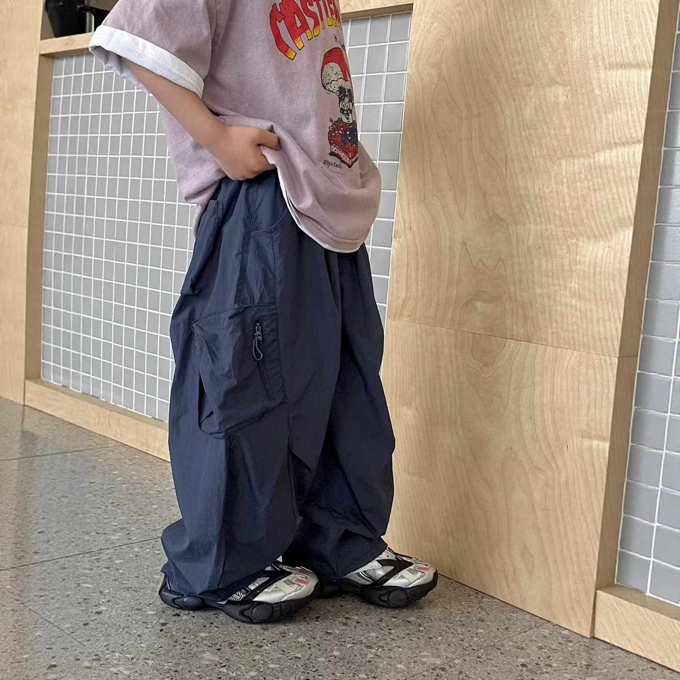 2026 new children's slanted pocket work pants, quick drying pants, leg binding pants, thin pants