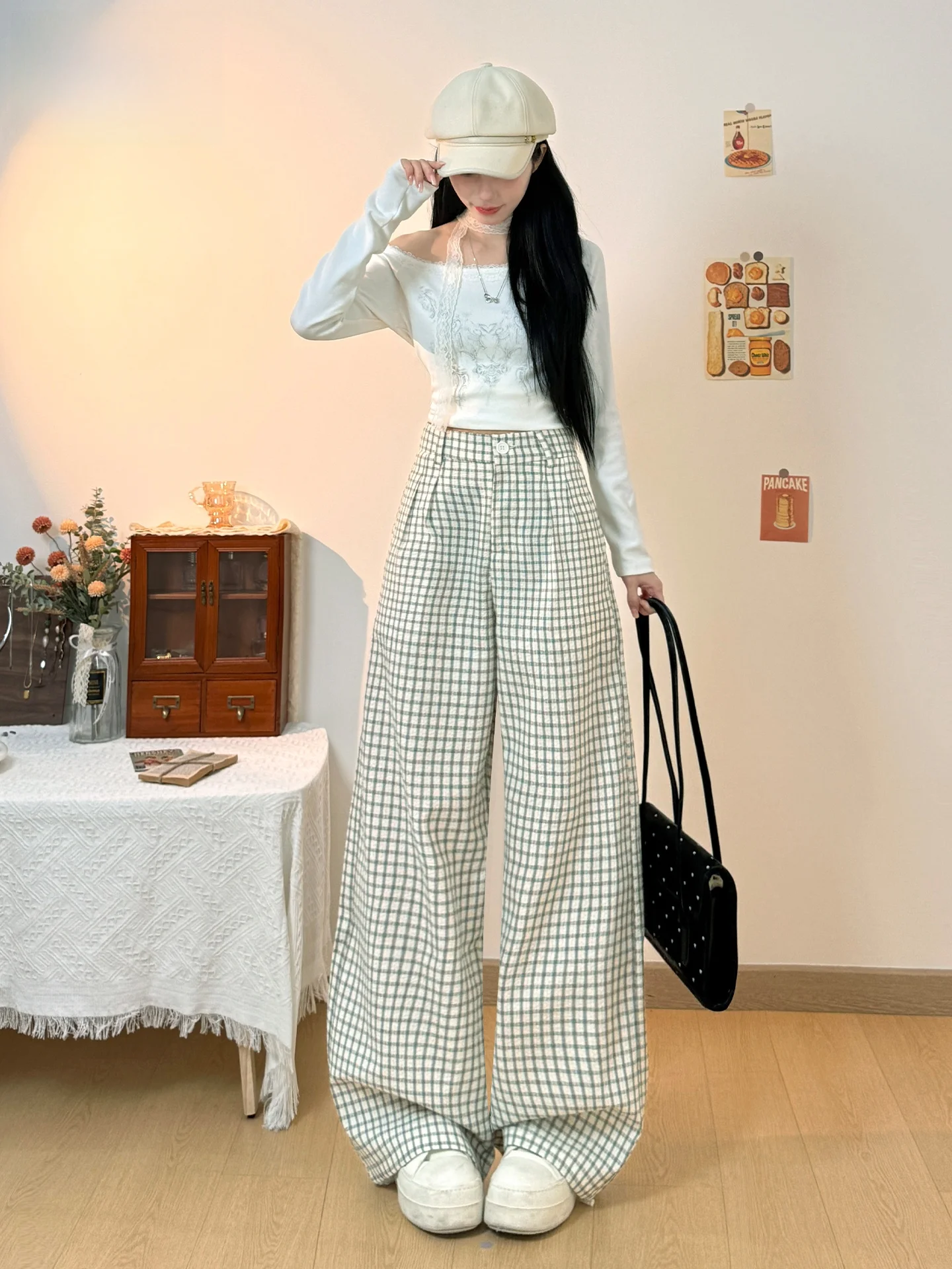 

Женские повседневные брюки в стиле ретро с широкими штанинами, с высокой талией, свободного кроя, прямые, удлиненные, летние, новый стиль, с простым клетчатым узором