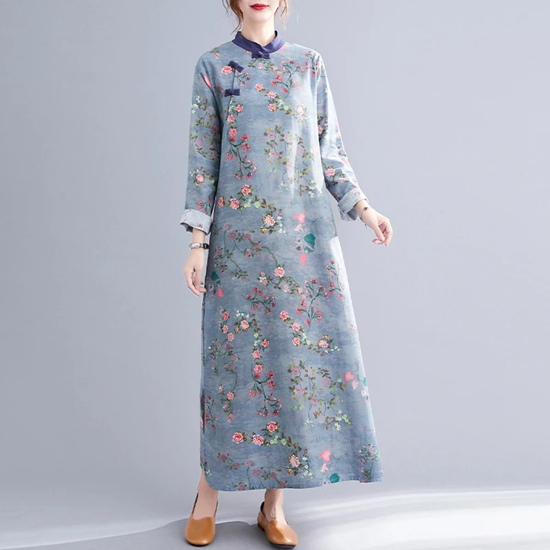 Long Sve Floral Print Cotton Linen Dr Stand Collar Button up  Loose Maxi a Line Skirt Women's Faion