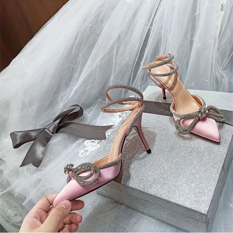 Runway Style Glitter Rhinestones Women Pumps Crystal Bowknot Satin Summer Lady Fashion Sexy Pointed High Heels Party Prom Shoes