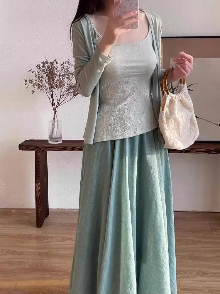 Elegant New Chinese Hanfu Women's Cotton Linen Skirt Set Gentle Zen Style Outerwear Three-Piece Ancient Fashion Ensemble