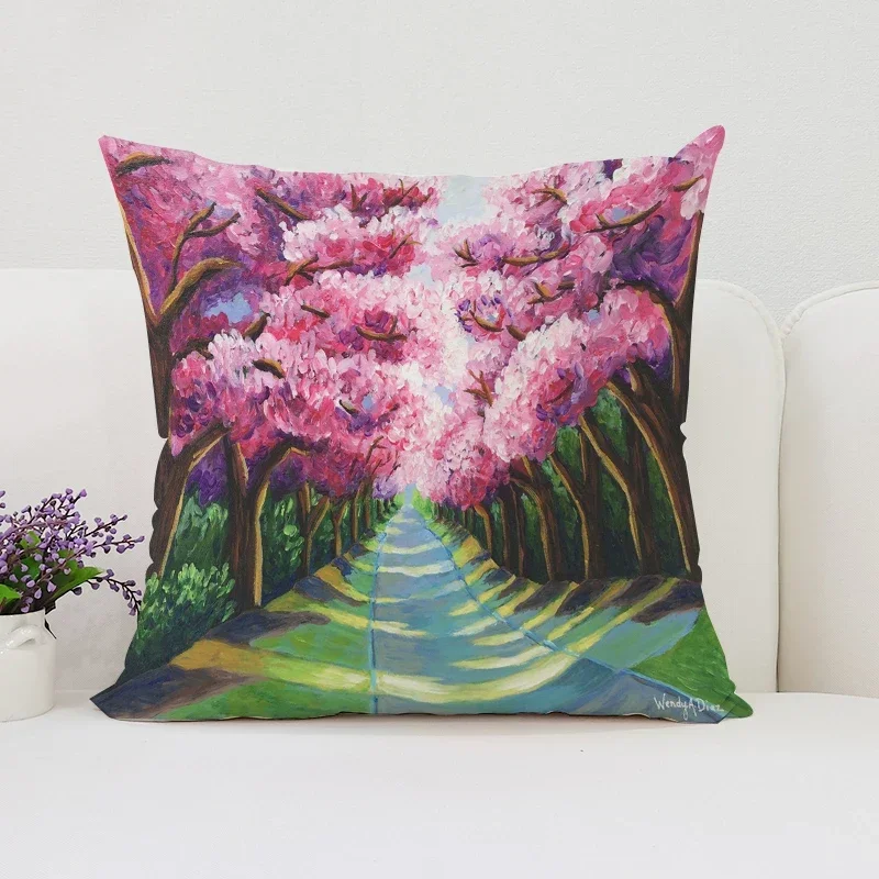 غطاء وسادة رمي زهر الكرز الياباني مع طباعة قطيفة قصيرة لتزيين أريكة غرفة المعيشة وغطاء وسادة