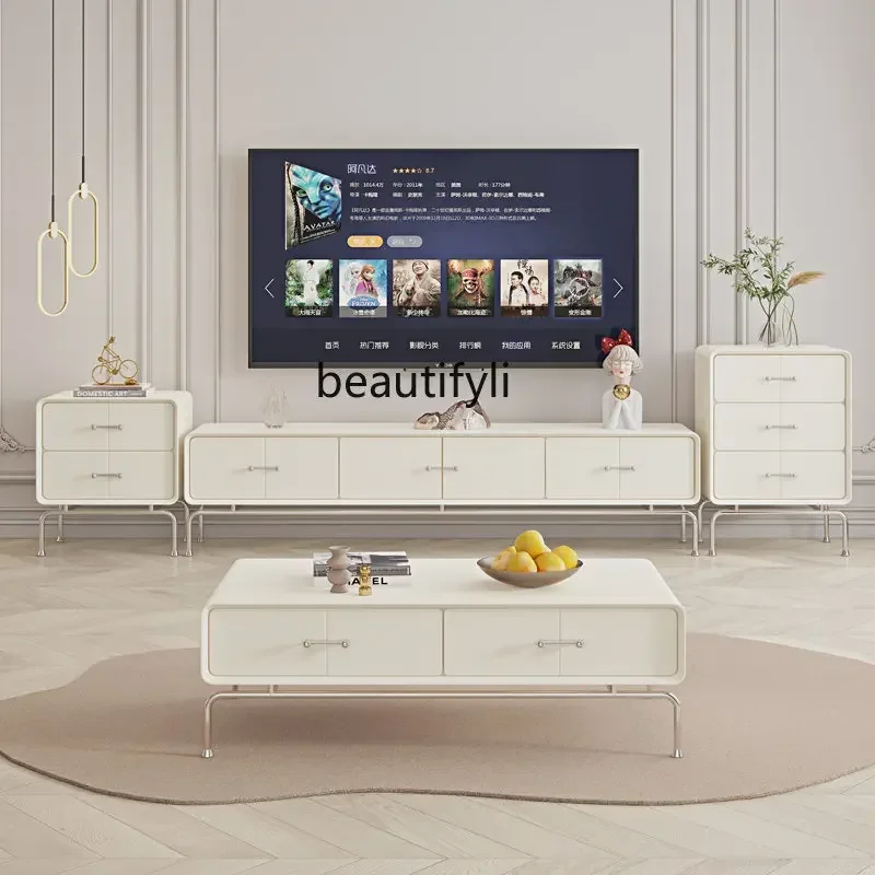 D178 Y zqCoffee Table TV Cabinet Combination Chest of Drawers Small Apartment Living Room French Solid Wood Floor Cabinet Cream