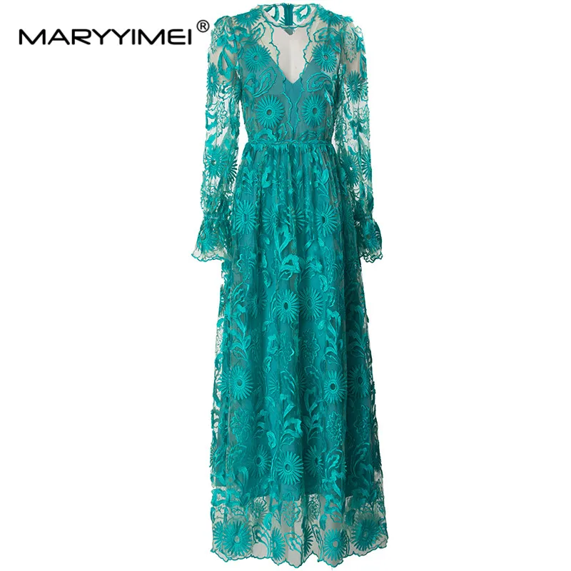 

MARYYIMEI Autumn Women's Dress Flared Sleeve Mesh Embroidery Hollow Out High Waiste New Fashion Big Swing Dresses