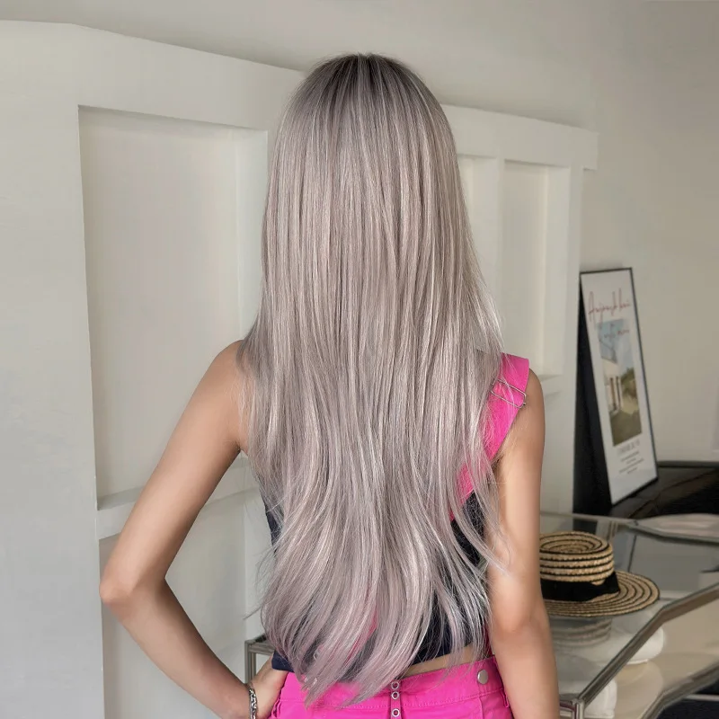 شعر مستعار، شعر نسائي طويل مستقيم، قهوة وردية، صبغ الرأس، غرة، شعر طويل