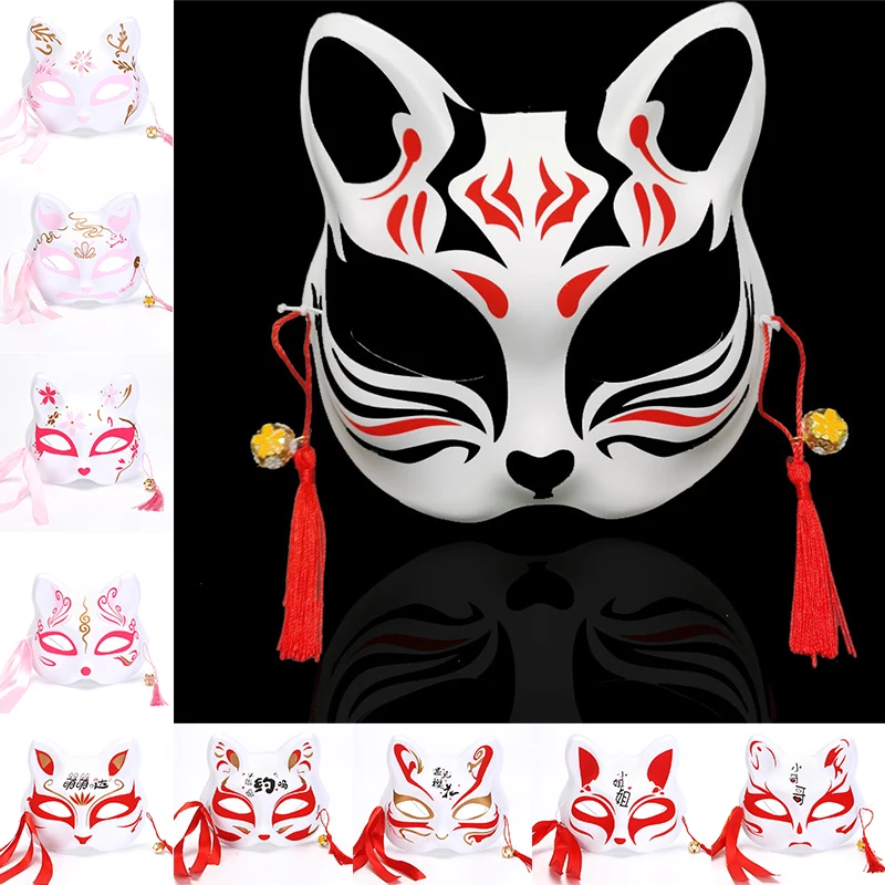 Maschera di volpi di gatto giapponese Cosplay Rave Party mezza faccia dipinta a mano Anime Demon Costume Masquerade Sakura Festival Cosplay Prop