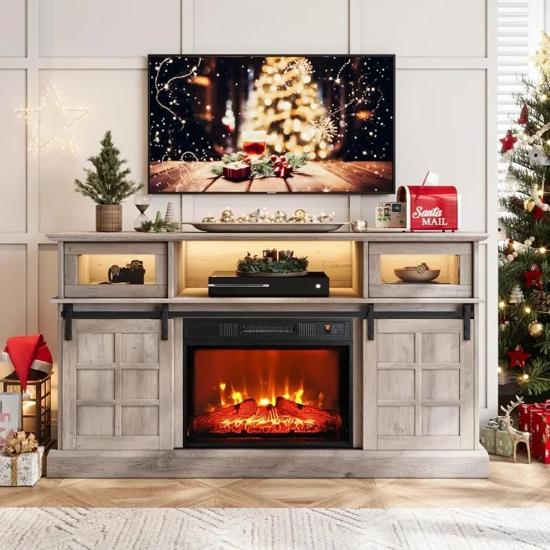 حامل تلفزيون LGHM LED Fireplace، مركز ترفيه لأجهزة التلفاز مقاس 65 بوصة، وحدة تحكم تلفزيون مع مدفأة كهربائية مقاس 23 بوصة، تلفزيون باب المزرعة