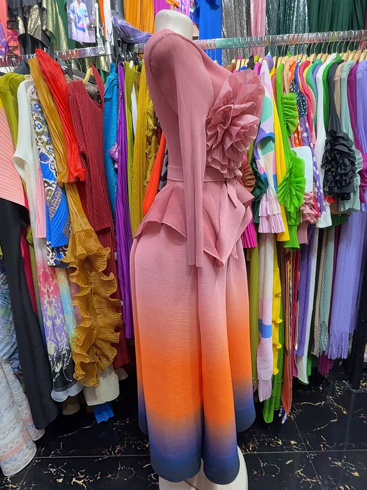 EGRM Miyake Pleated Flower Belt Dress Sets 2025 New Original Designer Tops + Gradient Color A Line Skirt Women's Two Peice Sets