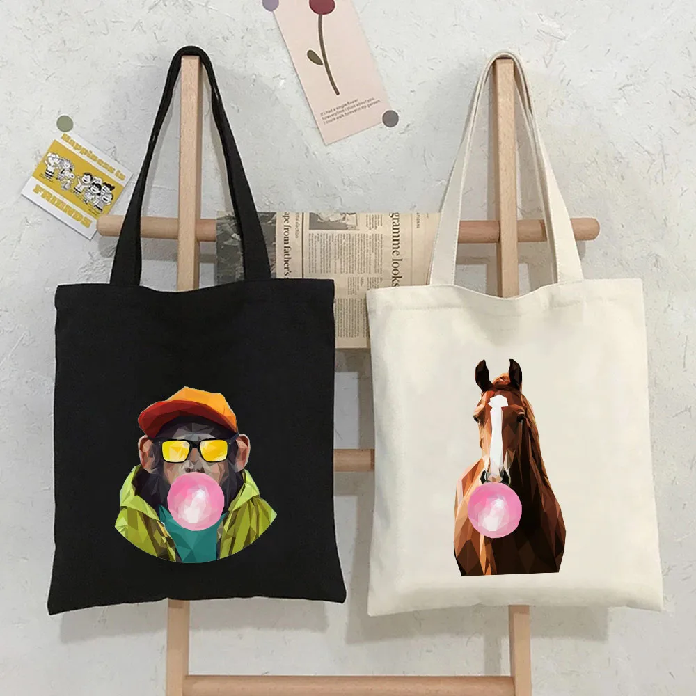 Cute Animal Horse Sloth Llama Zebra Cat Panda Dinosaur Bubble Gum Women Canvas Shoulder Tote Bag Shopper Cotton Shopping Handbag