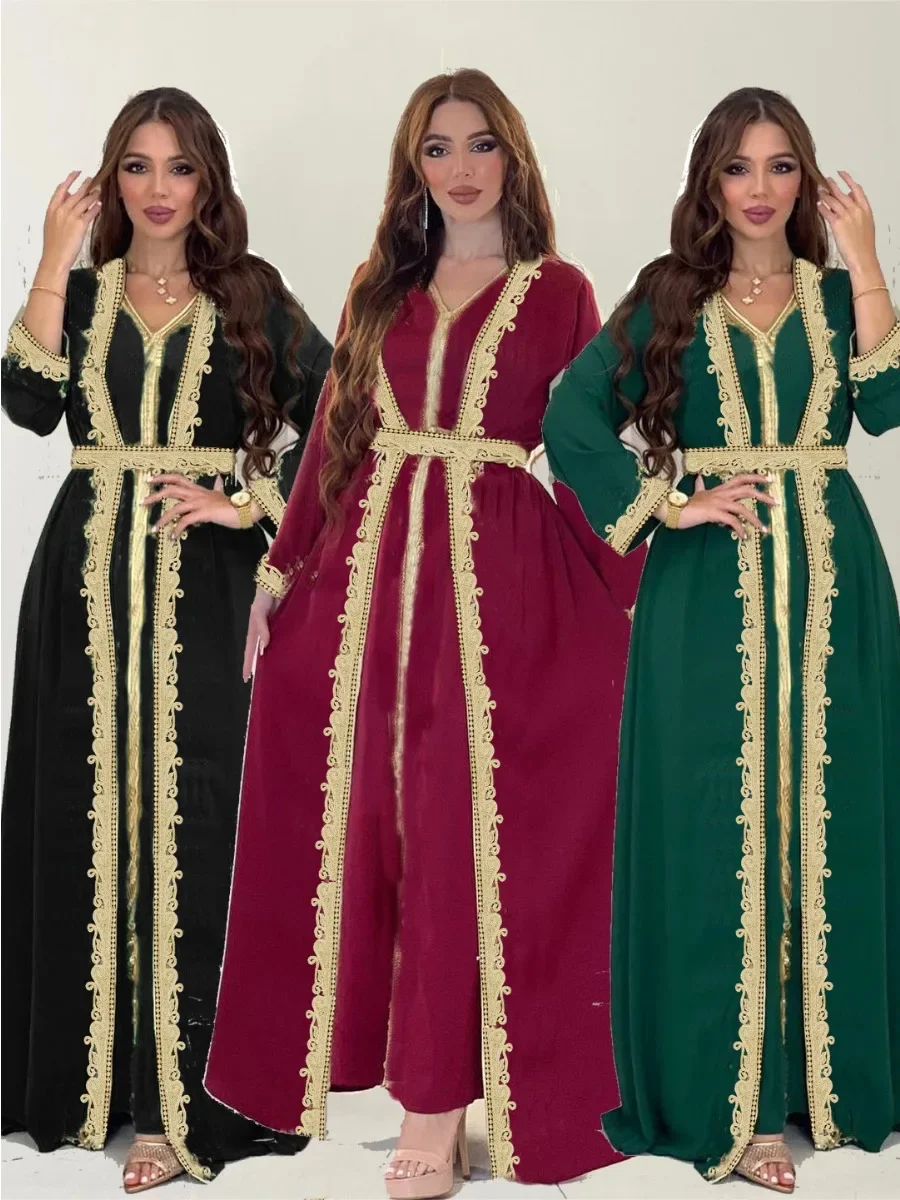 

Muslim Party Dress 2 Piece Sets Women Eid Abaya Jalabiya Morocco Saudi Sashes Robe Kaftan Vestidos Dubai Ramadan Long Dresses