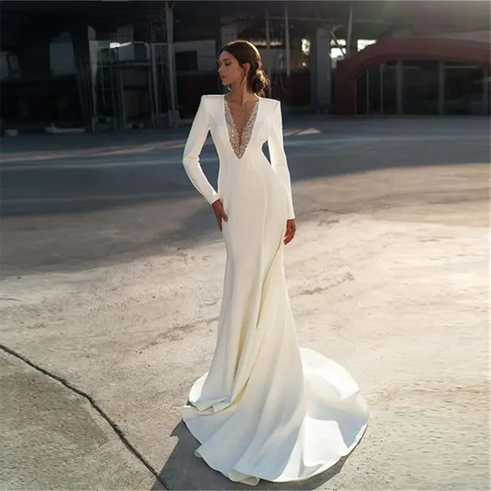 

Flavinke Elegant V Neck Beaded Mermaid Wedding Dresses 2024 Long Sleeves Satin Bridal Gown Sweep Train Beach Robe De Mariee