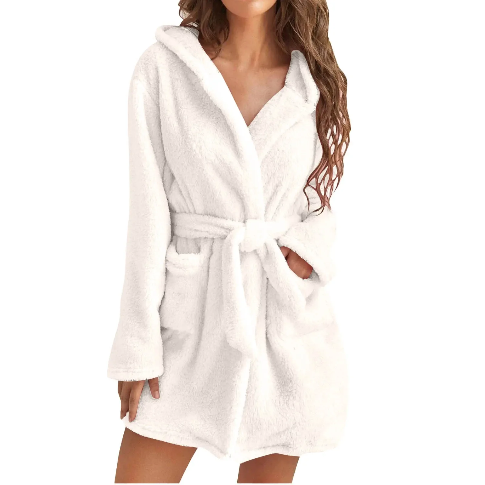 Women s Autumn Winter Plush Nightgown Solid Color Long Sleeve Hooded Sleepwear with Belt