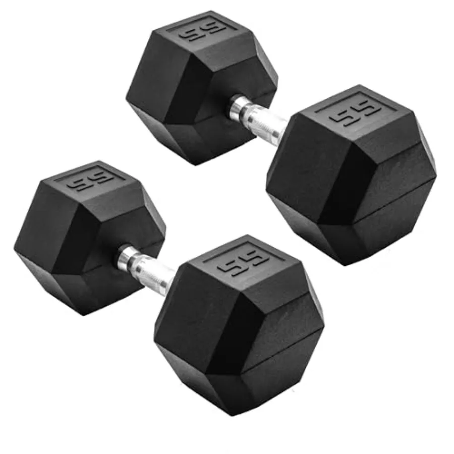 

55 LB Rubber Coated Hex Dumbbell Hand Weight Pair with Chrome Handle for Home Gym Training in Black and Silver