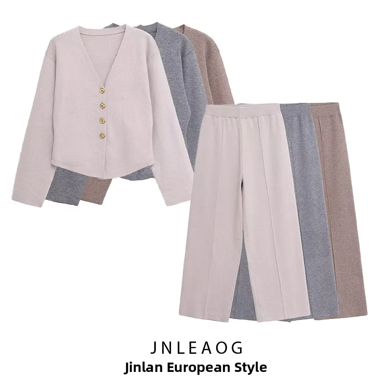 JNLEAOG Soft Touch Button Coat And Wide Leg Pants Women's Faion Set Autumn New Sle Polyester Fiber Long Sve Long Pants