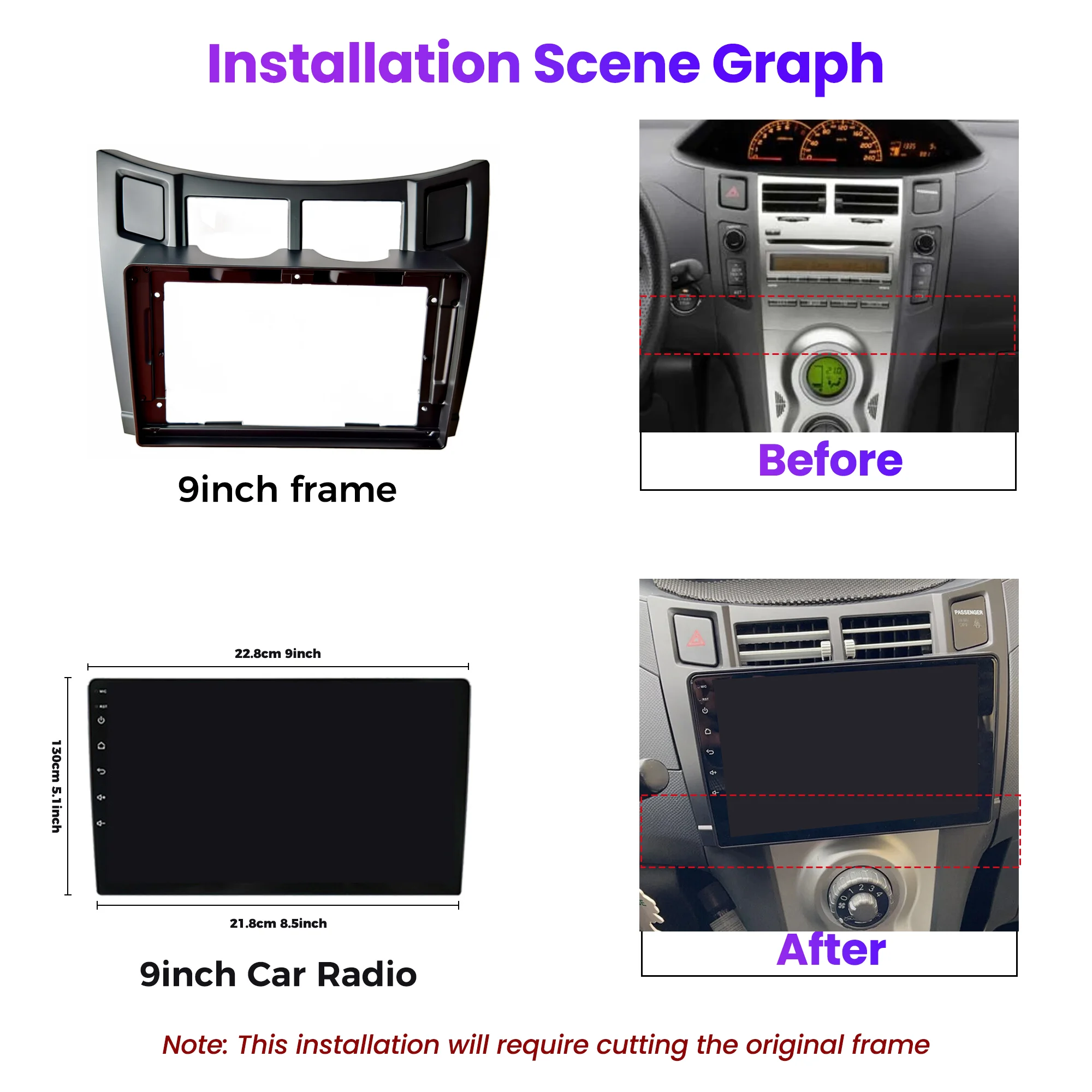 9INCH  Car Multimedia Radio Frame For Toyota YarIs Vitz Platz 2005-2011 LHD/RHD Black  Fascia Panel Dashboard Mounting Bracket