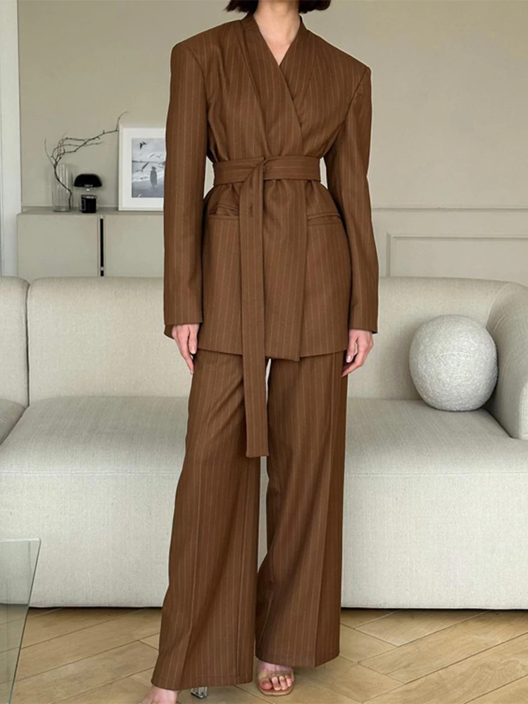 

Trendix Striped Blazer 2 Piece Sets Women's Autumn Loose Basic Wide Leg Pants Suits Pocket Patchwork Lace Up Blazers Jacket Sets