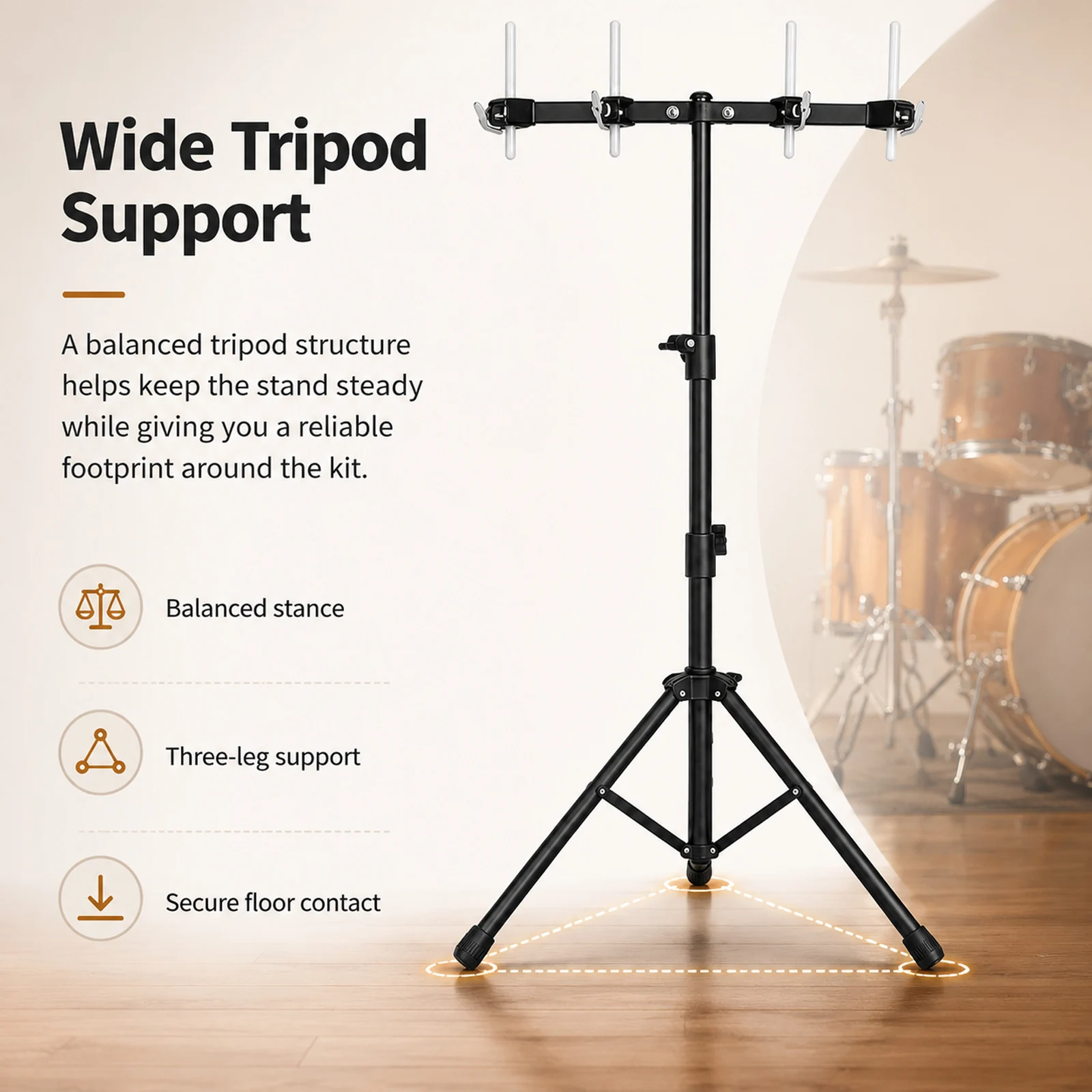Drum Kit Stand Heavy Duty Thickened Carbon Steel 4 Slot Cowbell Holder Foldable Tripod Base Percussion Bracket Mount Support