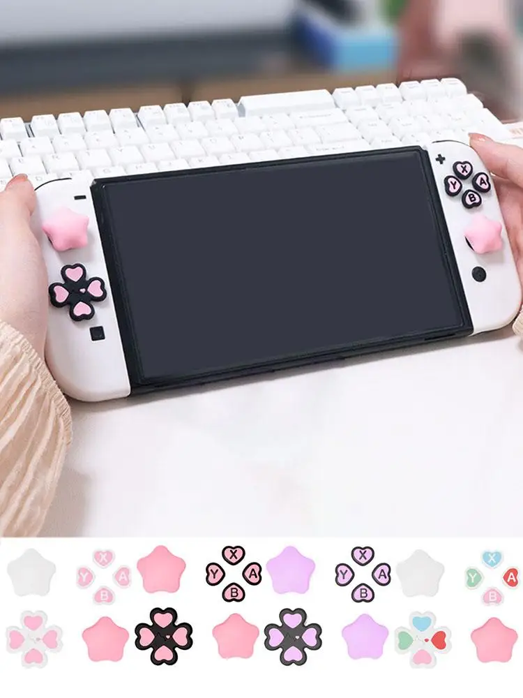 Autocollants de boutons en Silicone pour Nintendo Switch, 2 étoiles, capuchons de poignées de boutons d'amour, capuchon de Joystick + ensemble d'autocollants de boutons, accessoire de jeu