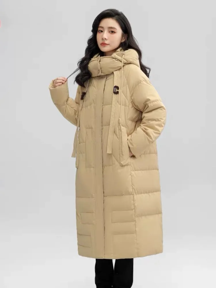 Winter New Women\'s Jacket Long Down Coats Color Clash Patchwork Trendy Outerwears Windproof Thick Snow Wear Hooded Puffer Coats