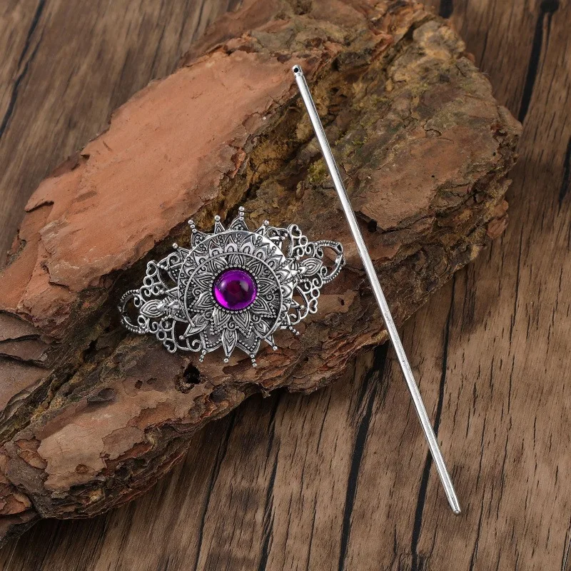 Exquisite Heavy Industry Gothic Retro Viking Flower Purple Imitation Gemstone Hairpin Fashion Multi functional Hair Accessories - view 6
