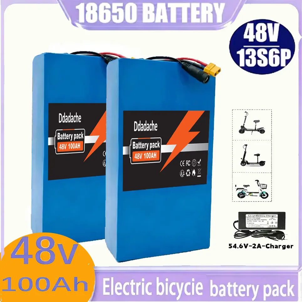 48V 100Ah 2000W Panasonic 18650 13S6P Li-Ionen-Akkupack, geeignet für 54,6V Fahrräder + optionaler eingebauter BMS-Stecker + 54,6V Ladegerät