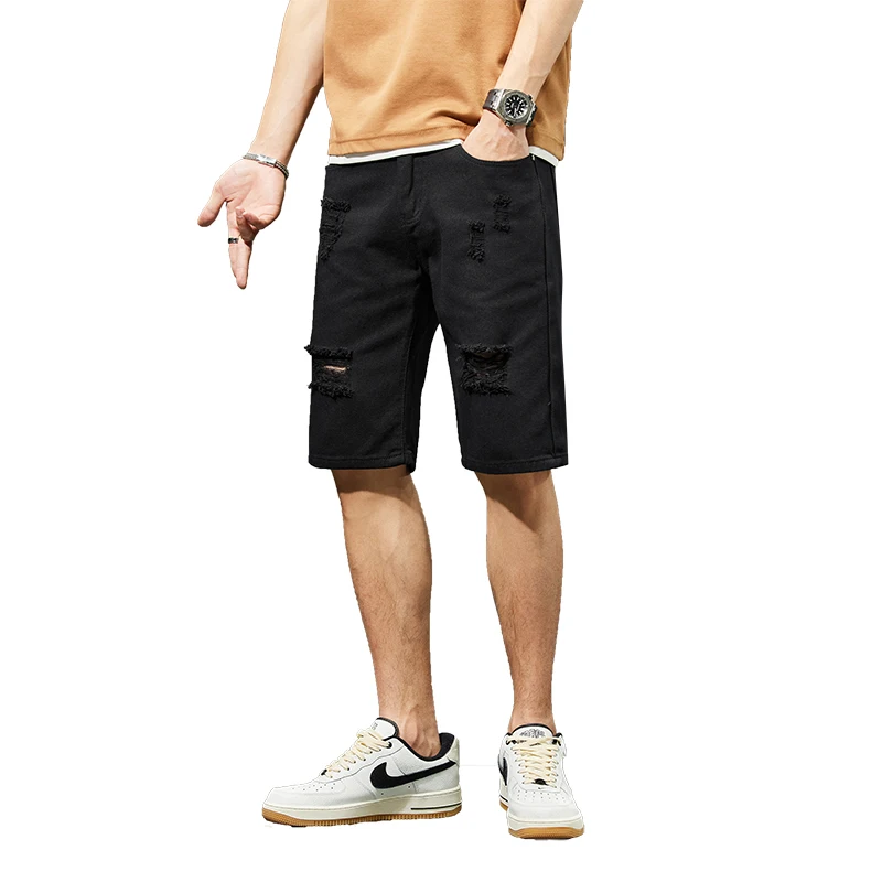 New Summer White Black Men Ripped Hole Denim Shorts Slim Casual Knee Length Short Straight Hole Jeans Shorts Bermuda for Men