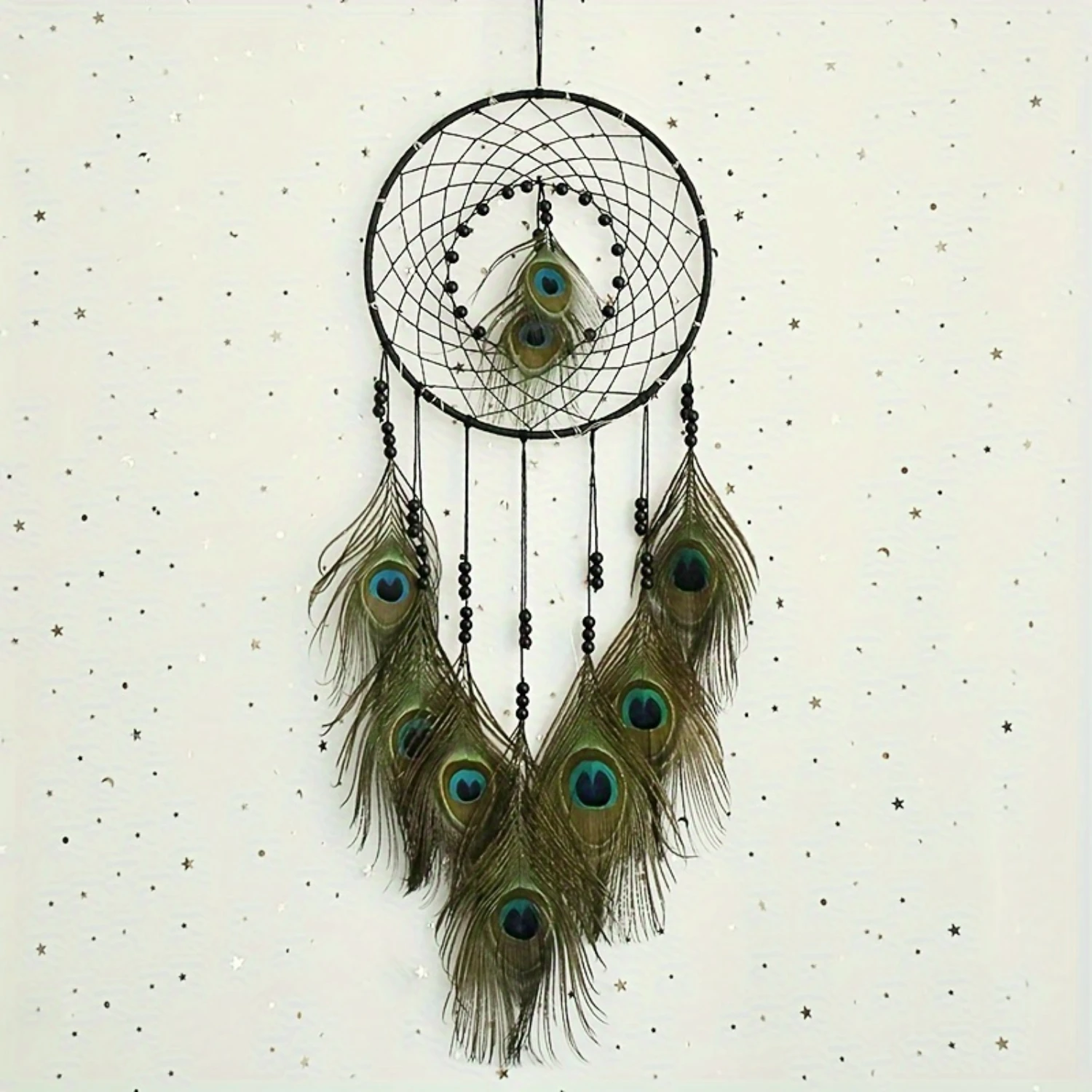 1pc Handmade Dreamcatcher Wall Hanging with Iron Frame, Peacock Feather Charms, and Beads - Traditional Dream Catcher Wall Art f