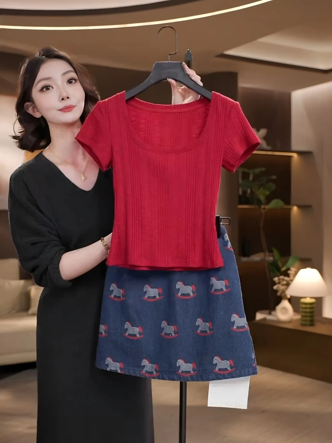 

Korean Style Knitted Short Sleeve Red Top with Denim Skirt Women's Fashion Slimming Bright Summer Outfit Set
