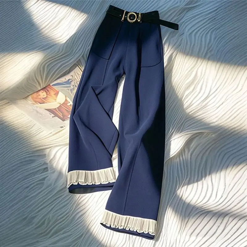 

2025 spring and summer new loose lazy style navy blue lace splicing wide-leg pants pants women