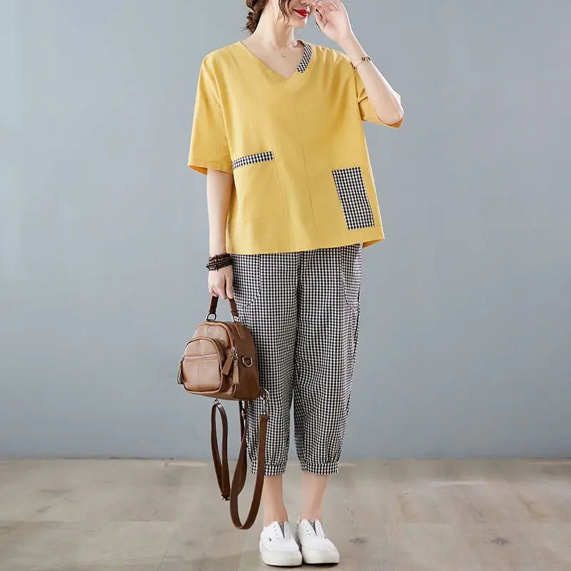 Checkered Pocket Cotton Linen T-shirts for Women Summer Trend Thin Short Sleeve Tops Mom's Outfit Loose Fashion Casual Blouses