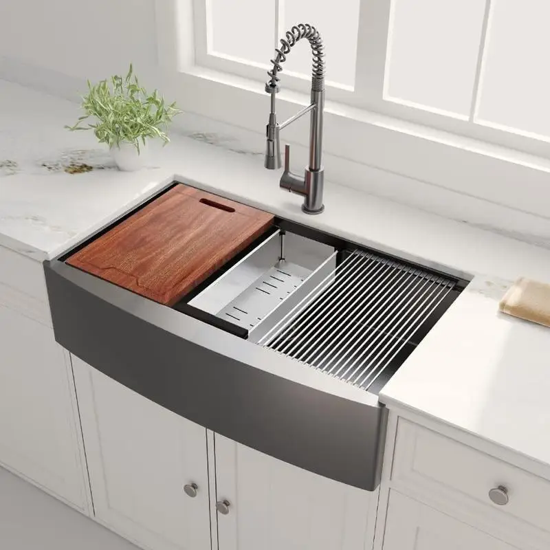 

36" Apron Front Workstation Farm Sink, 16G Gunmetal Matte Black SS, Single Bowl Kitchen Sink