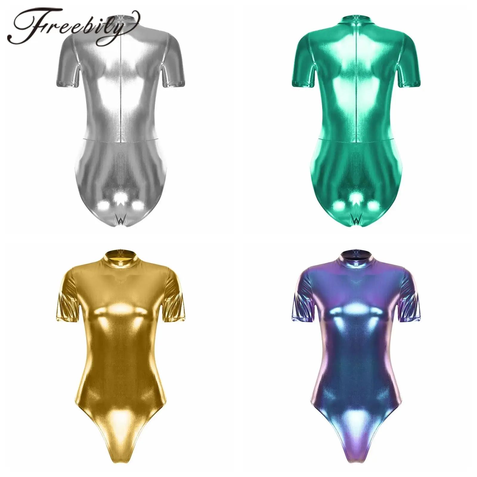 

Women Mock Neck Swimsuits for Dance Beach Gymnastics Leotard Short Sleeve Beachwear One-piece Swimwear Metallic Shiny Bodysuits