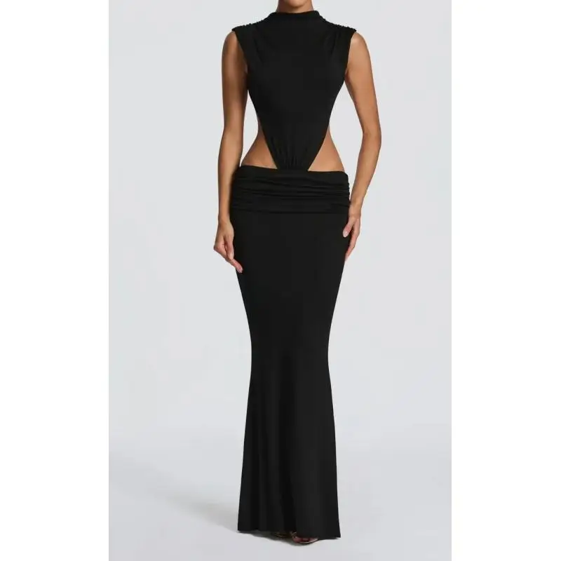 Women Sleeveless High Neck Maxi Dress Cut Out Waist Open Back Mermaid Long Party Gown