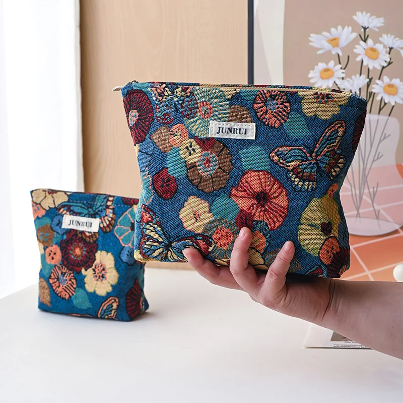 Women's Makeup Bag, Blue Bouquet, Large Capacity Sanitary Napkin, Touch-up, Makeup Supplies, Canvas Storage Bag, Toiletry Bag
