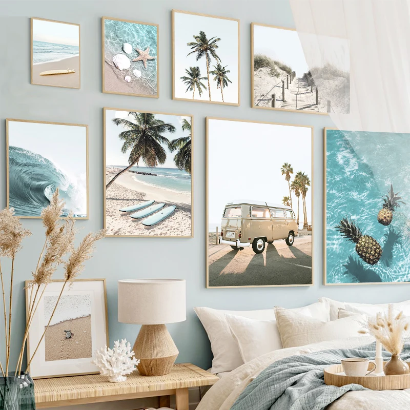 Póster con estampado de olas de mar y océano de verano, tabla de surf de playa, autobús, árbol, pintura en lienzo, viajes, vacaciones, imagen artística de pared nórdica, decoración del hogar