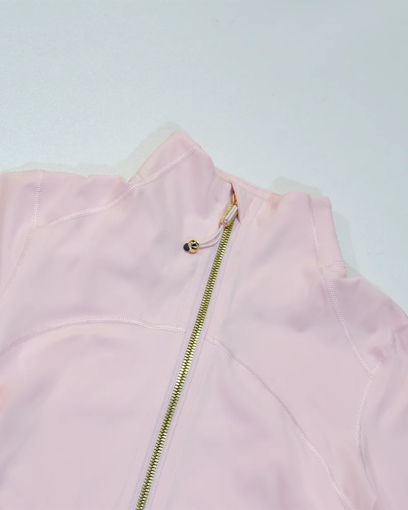 Neue Damen Slim Fit Sportjacke mit Goldreißverschluss, atmungsaktiv, schnelltrocknend, Stehkragen-Stil, Daumenloch-Design, Sportjacke – Detail 17