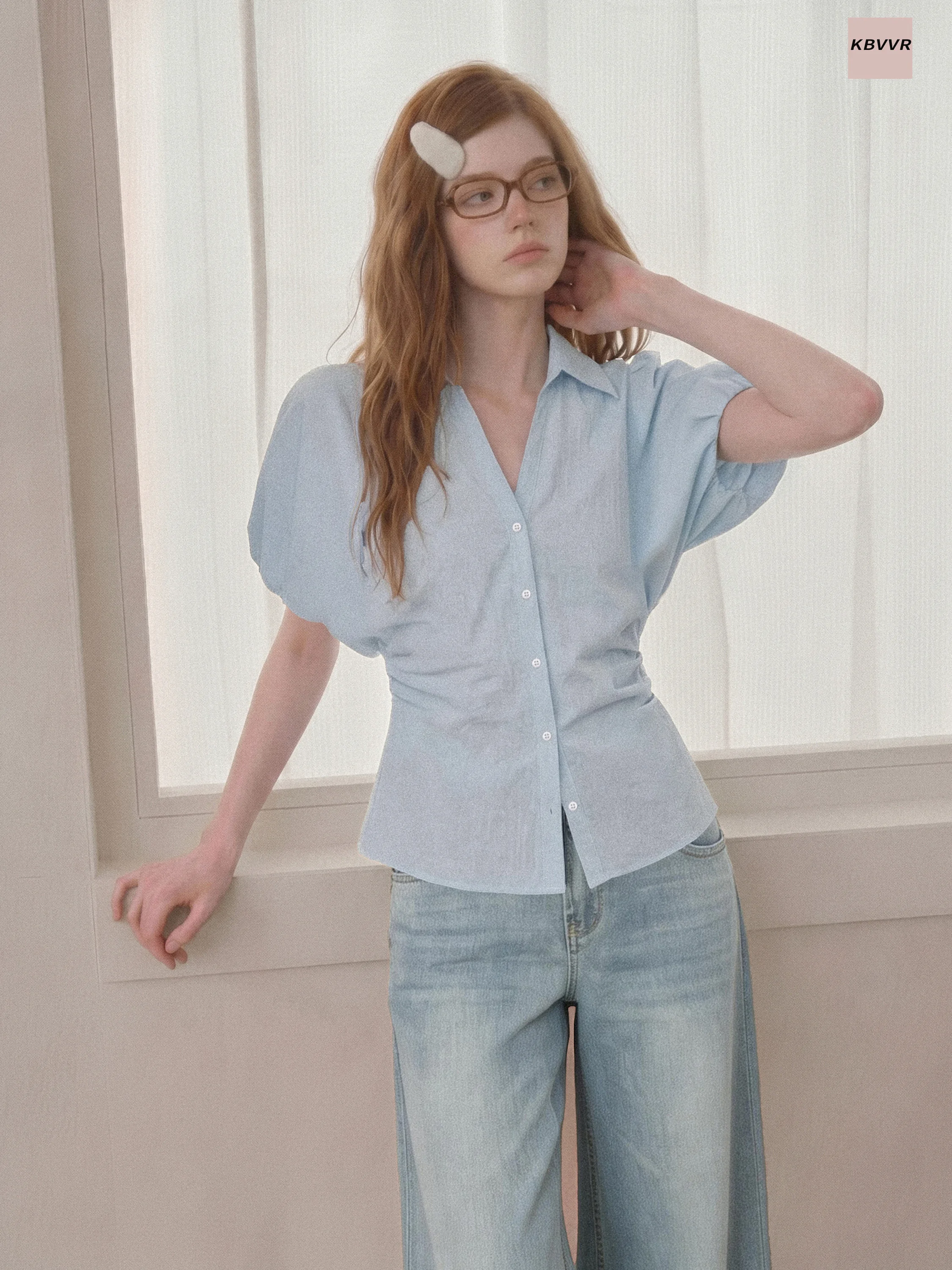 

Blue V-Neck Pleated Waist-Cut Short-Sleeve Shirt Women Summer Slim Fit Bubble Sleeve Halved Sleeve Waist-Increasing Shirt Top