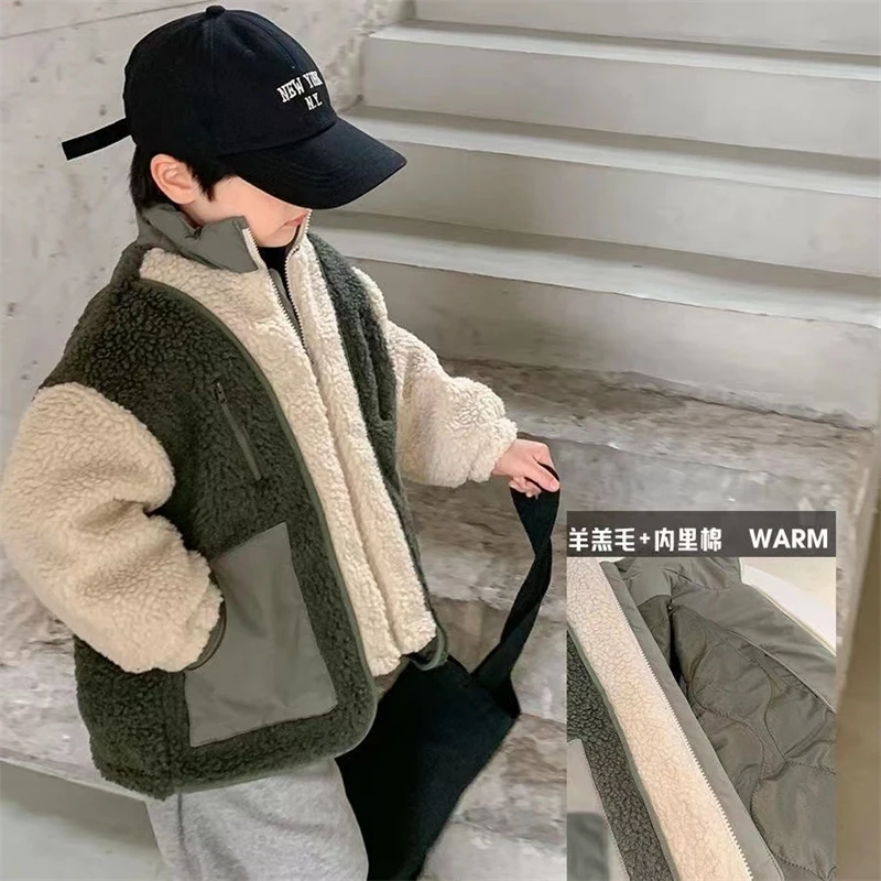 Boys Coat Jacket Outerwear Cotton 2023 Plush Warm Plus Thicken Velvet Winter Pocket Christmas Gift Children\'s Clothing