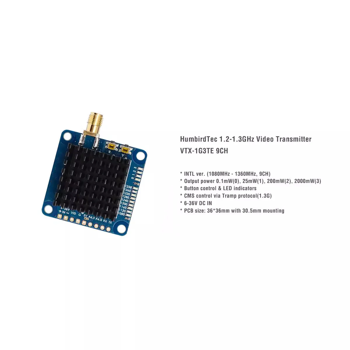 Humbird 장거리 이미지 변속기 VTX-1G3TE V2, 1.2GHz, 1.3GHz, 2W, 9CH