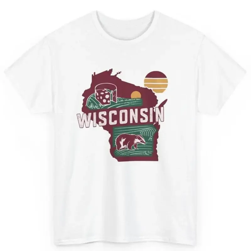 Wisconsin State Map Vacation Pride Wi Cotton T Shirt Retro Style