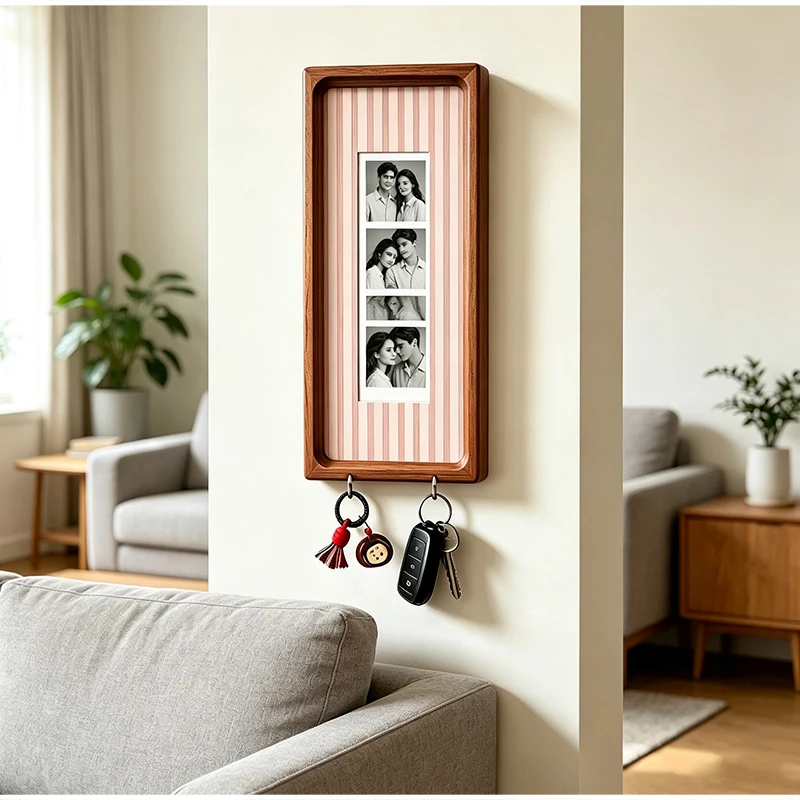 Holz-Fotorahmen für Paare mit Schlüsselhaken, Wandmontierter Bilderrahmen, Modischer Gestreifter Rahmen, Schlüsselhalter, Jubiläumsgeschenk – Detail 22